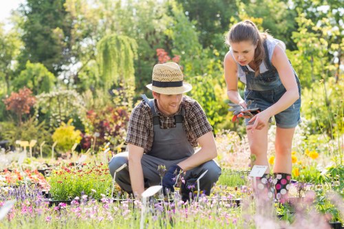 A vibrant garden scene in a residential outdoor space, featuring a well-maintained lawn foreground with dense, lush grass and a variety of flowering plants in shades of pink, purple, and yellow. In the midground, two people are actively engaged in gardening tasks; one person, wearing a straw hat, plaid shirt, and gardening gloves, is kneeling and tending to flower beds bordered by small, neat paving stones. The other, dressed in a sleeveless top and denim shorts, is standing and holding garden clippers, potentially trimming a shrub or hedge. Behind them, the background showcases an array of mature trees, including a weeping willow with hanging branches, and a mix of shrubs that provide depth and privacy to the space. The scene is bathed in natural daylight with clear weather, highlighting the variety of natural tones and textures—from the soft petals of blooming flowers to the textured bark of trees. This image illustrates a well-maintained garden environment suitable for professional landscaping and gardening services, such as hedge trimming, plant care, and outdoor maintenance, reflecting a typical suburban garden in the Catford area.